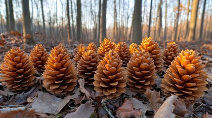 Golden pine cones arranged on forest floor at sunset