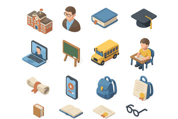 Isometric education icons: school, books, graduation, and learning tools