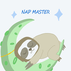 Adorable sloth napping peacefully on a crescent moon cute cartoon illustration