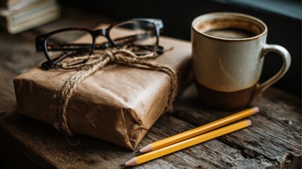 A wrapped gift, eyeglasses, two pencils, and a coffee mug rest on a rustic wooden table by a window