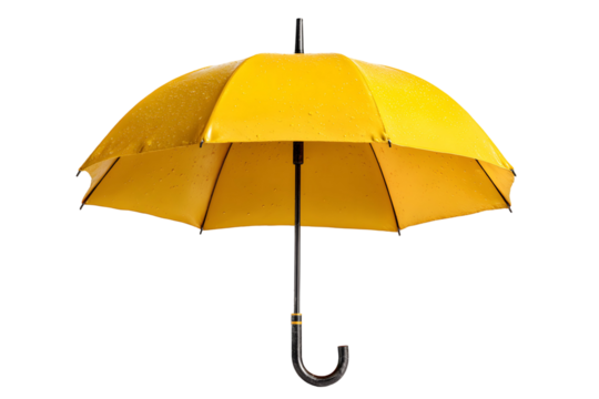 Vibrant yellow umbrella with water droplets against a stark transparent backdrop