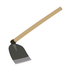 Traditional garden hoe tool with wooden handle and metal blade isolated on white background