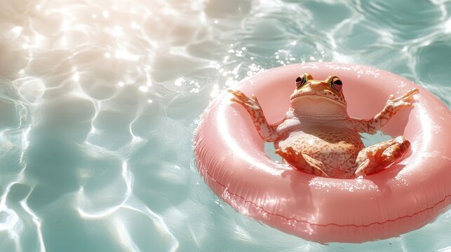 A whimsical frog lounging comfortably in a pink inflatable ring, floating atop clear blue swimming pool water, beautifully capturing a moment of joy and relaxation in summer.