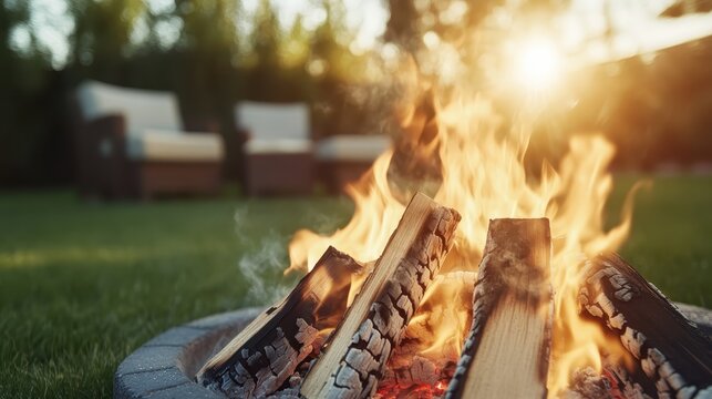 A beautifully captured campfire radiating warmth and light, surrounded by nature, with glowing embers and a soft evening glow, inviting memories of togetherness by the fire.