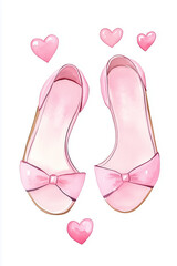 An artistic watercolor depiction of two delicate, pink shoes, each adorned with a bow, floating amidst a scattering of soft, watercolor hearts, evoking feelings of love, femininity.