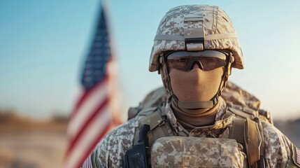 A soldier stands confidently in a camouflage uniform, gazing towards the horizon, representing bravery, sacrifice, and commitment to their country amidst patriotic symbols.