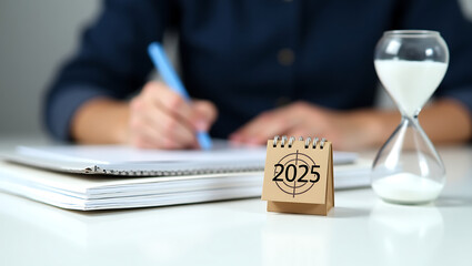 2025 Calendar Planning with Hourglass and Journal – Concept of Time Management and Goal Setting.