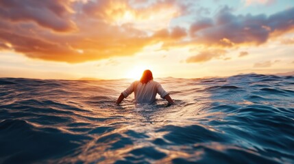 A silhouette of a person swimming towards a beautiful sunset over the ocean waves, capturing the essence of freedom, adventure, and the awe-inspiring beauty of nature's transitions.