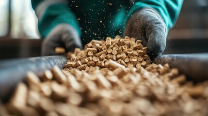 A skilled craftsman works with wood pellets inside a cozy workshop, emphasizing craftsmanship, dedication, and the tactile relationship between human hands and natural materials.