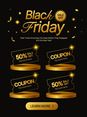 Set of 3d Black Friday gift vouchers on golden stage, with coupon code, percent price off, confetti effect, isolated on dark background. 3d Black Friday discount banner template in 3d vector. Vector