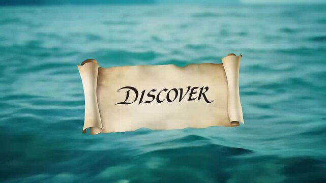 Glass bottles float on teal ocean, revealing scrolls with "DISCOVER" inscribed, symbolizing adventure, mystery, hidden message, and ocean voyage
