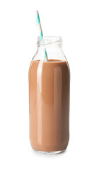 Tasty chocolate milk in glass bottle isolated on white