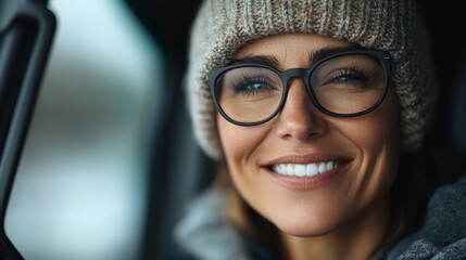 A cheerful woman with glasses wearing a warm hat smiles brightly, showcasing a comforting winter moment that's perfect for conveying joy, positivity, and winter fashion.