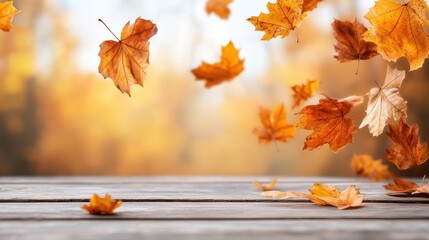 Gracefully falling autumn leaves beautifully illustrate the seasonal transition and evoke feelings of change, nostalgia, and the beauty of nature in a serene environment.