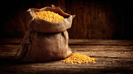 A burlap sack filled with yellow lentils sits on a rustic wooden surface with some lentils scattered beside it