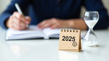 2025 Calendar Planning with Hourglass and Journal – Concept of Time Management and Goal Setting.