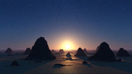A serene desert landscape at dusk, featuring rocky formations under a starry sky as the sun sets on the horizon