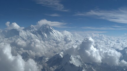 Snow-capped mountain peaks rise above thick clouds under a bright blue sky, creating a breathtaking and majestic natural landscape