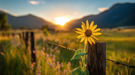 A single yellow sunflower blooms on a wooden fence post with a scenic, sunlit valley and mountains in the background