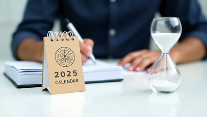 2025 Calendar Planning with Hourglass and Journal – Concept of Time Management and Goal Setting.