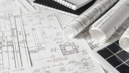 sustainable architecture tools and materials: blueprints, solar panel, wood textures, fabric swatches, and stones. Eco-friendly design, conscious construction and green innovation.	