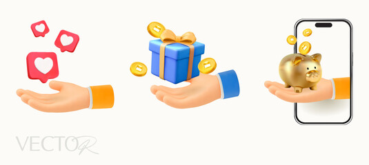 3d hand holding hearts, gift box and piggy bank with coins, isolated on white background. 3d hand icon in vector. Vector illustration