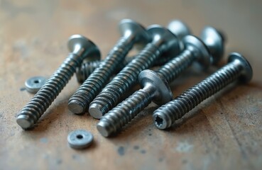 Close-up shot of metal screws arranged on light surface. Shiny bolts, washers. Hardware tool fasteners construction equipment. Assembly details. Industrial manufacturing.