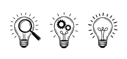 Hand-drawn lightbulb illustrations depicting innovation, research, and ideas for business and marketing projects, silhouette