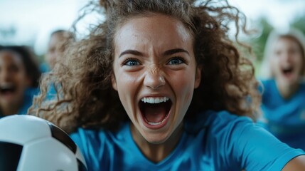 A young female soccer player celebrates triumphantly, showcasing her joy and enthusiasm with a beaming smile and raised hands, embodying the spirit of teamwork and sportsmanship.