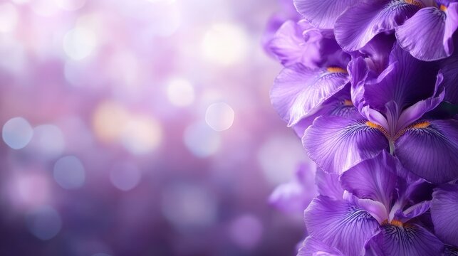 A stunning close-up of blooming purple irises surrounded by soft, ethereal light, capturing the intricate details and beauty of nature in a serene moment. - Powered by Adobe
