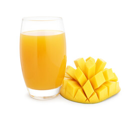 Tasty mango juice in glass and fresh fruit isolated on white