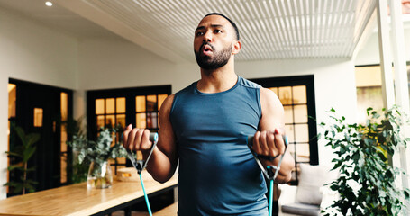 Fitness, man and resistance band for bicep exercise, strength and breathing for power in home....