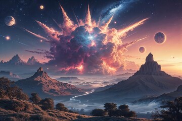 Cosmic Eruption Stunning Evening Landscape of Universal Chaos and Enchanting Scenery