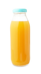 Tasty mango juice in glass bottle isolated on white