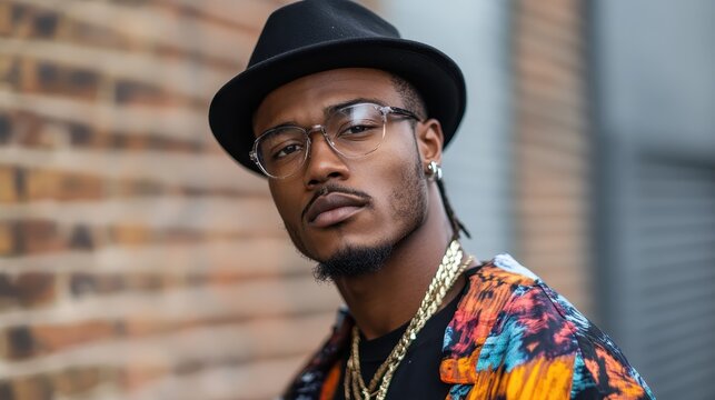 A portrait of a confident young man wearing trendy glasses and a vibrant jacket, exuding style and charisma against an urban brick wall backdrop. - Powered by Adobe