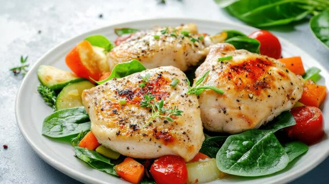 A plate of chicken and vegetables with a garnish of parsley. The chicken is cooked and seasoned, and the vegetables are fresh and colorful. The plate is set on a table