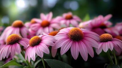 Obraz premium A stunning display of vibrant pink flowers in a lush green setting, showcasing nature's beauty and inviting a sense of tranquility and joy to the viewer's heart.