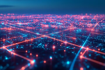 Futuristic glowing network background with blue and red light lines and dots. Digital concept
