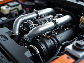Powerful modern car engine under the hood featuring metallic pipes and advanced automotive technology for speed and high performance