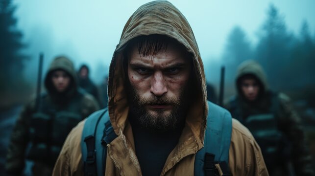 A rugged man with a determined expression, standing in a misty wilderness environment, conveying strength and resilience, while immersing in the beauty of nature's raw elements.