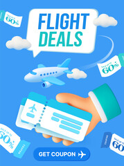 3d hand holding couple of flight ticket, with airplane and coupons flying around, isolated on background. Gift voucher for flight booking banner template in 3d vector. Vector illustration