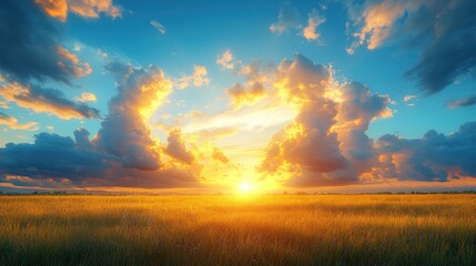 Fototapeta premium Golden sunset over a field of wheat. Vivid colors of the sky and clouds
