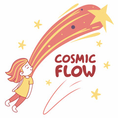Girl floats in cosmic flow with shooting star