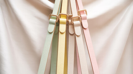 A product photography layout of four pastel-colored leather straps arranged vertically against a white background.