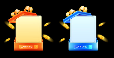 3d popup banner templates inside a gift box with golden coins flying around, isolated on background. Popup gift box banner template in 3d vector. Vector illustration