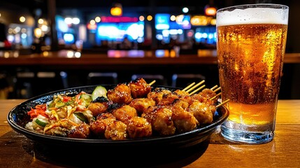 Yakitori and Beer at a Lively Bar