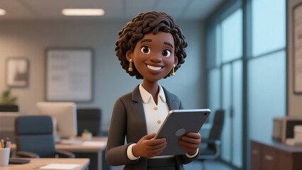 D cartoon illustration of a confident African American businesswoman in formal suit holding a digital tablet in modern office, smiling and standing professionally, leadership and tech concept