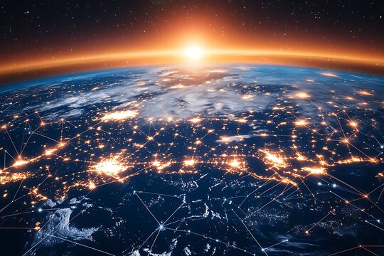 Earth from space at night with city lights and global network connections illustration