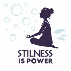 Woman meditating amidst floating bubbles stillness is power