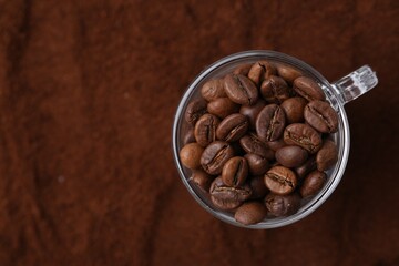 Cup of roasted coffee beans on powder, top view. Space for text